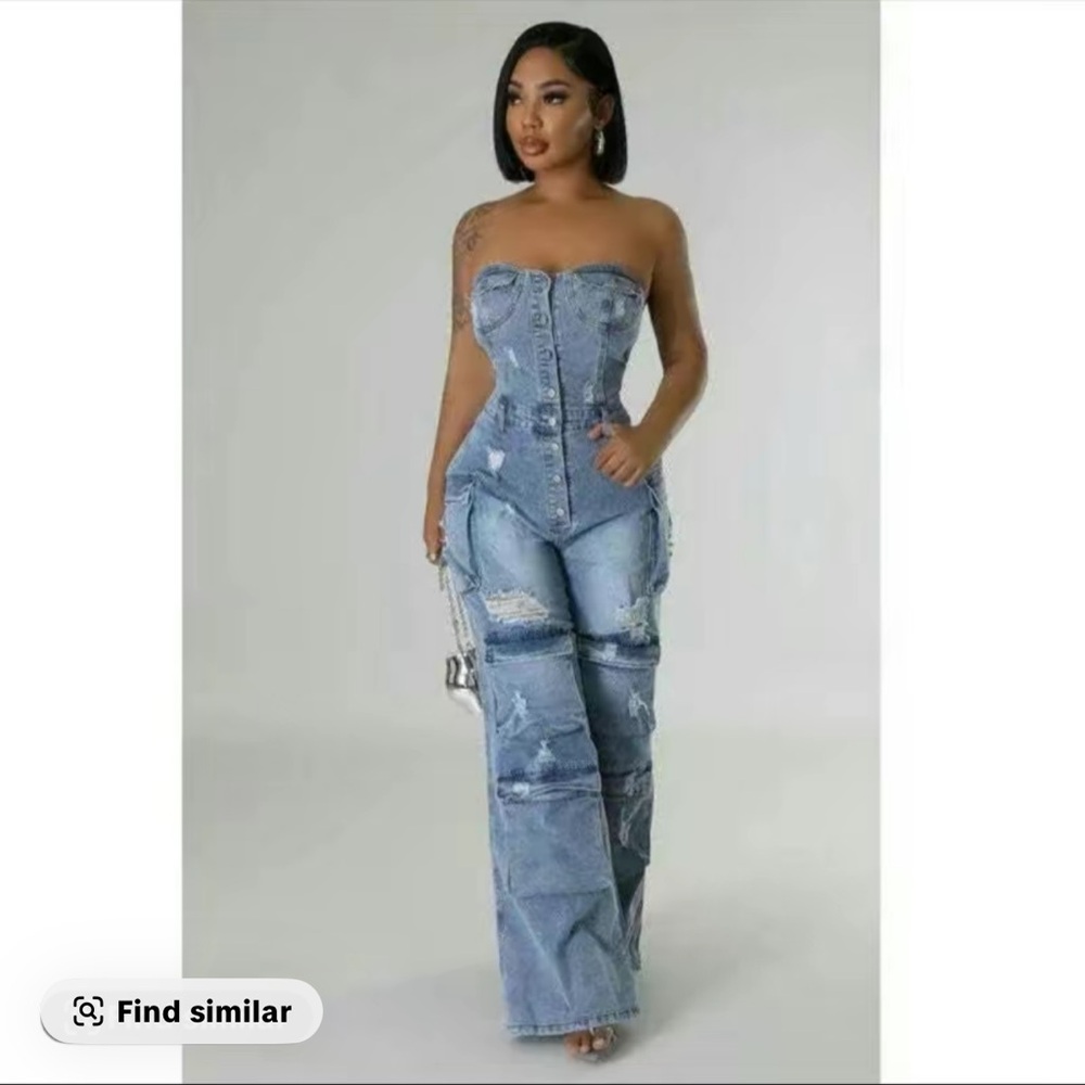 Women's Blue Denim Strapless Jumpsuit